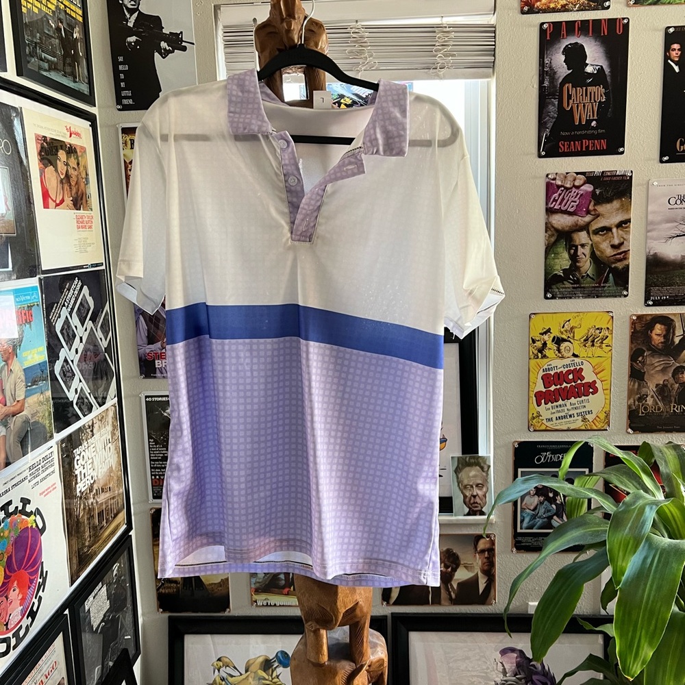 Men’s aerie polo style shirt, never worn new without tags, purple and white